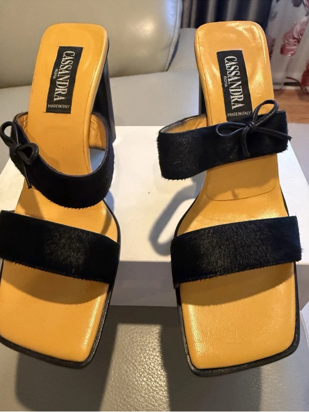 Cassandra Black Two-Strap Mule Heels with Yellow Insole